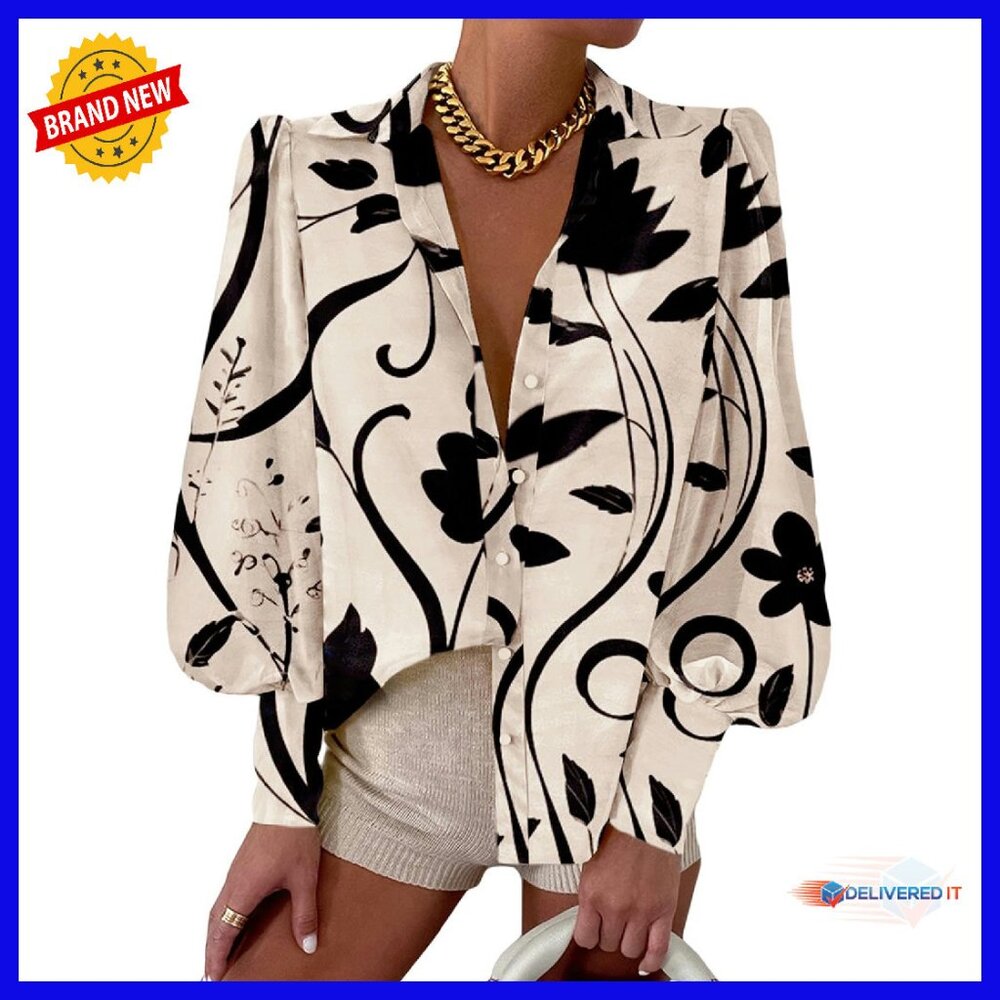 Long Sleeve Button Down Blouse, Polyester, Deep V… - image 1